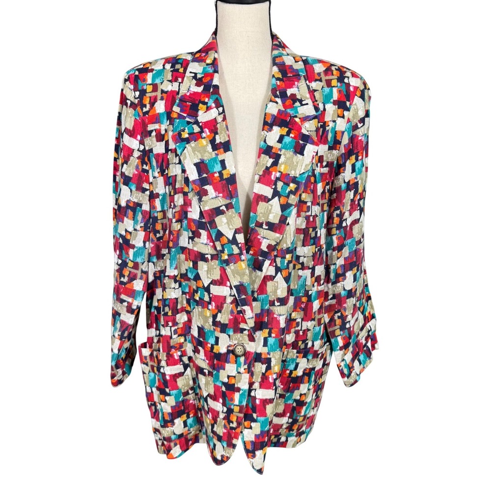 Danielle B Vintage Geometric Mosaic Print Blazer Jacket Womens Large Multicolor